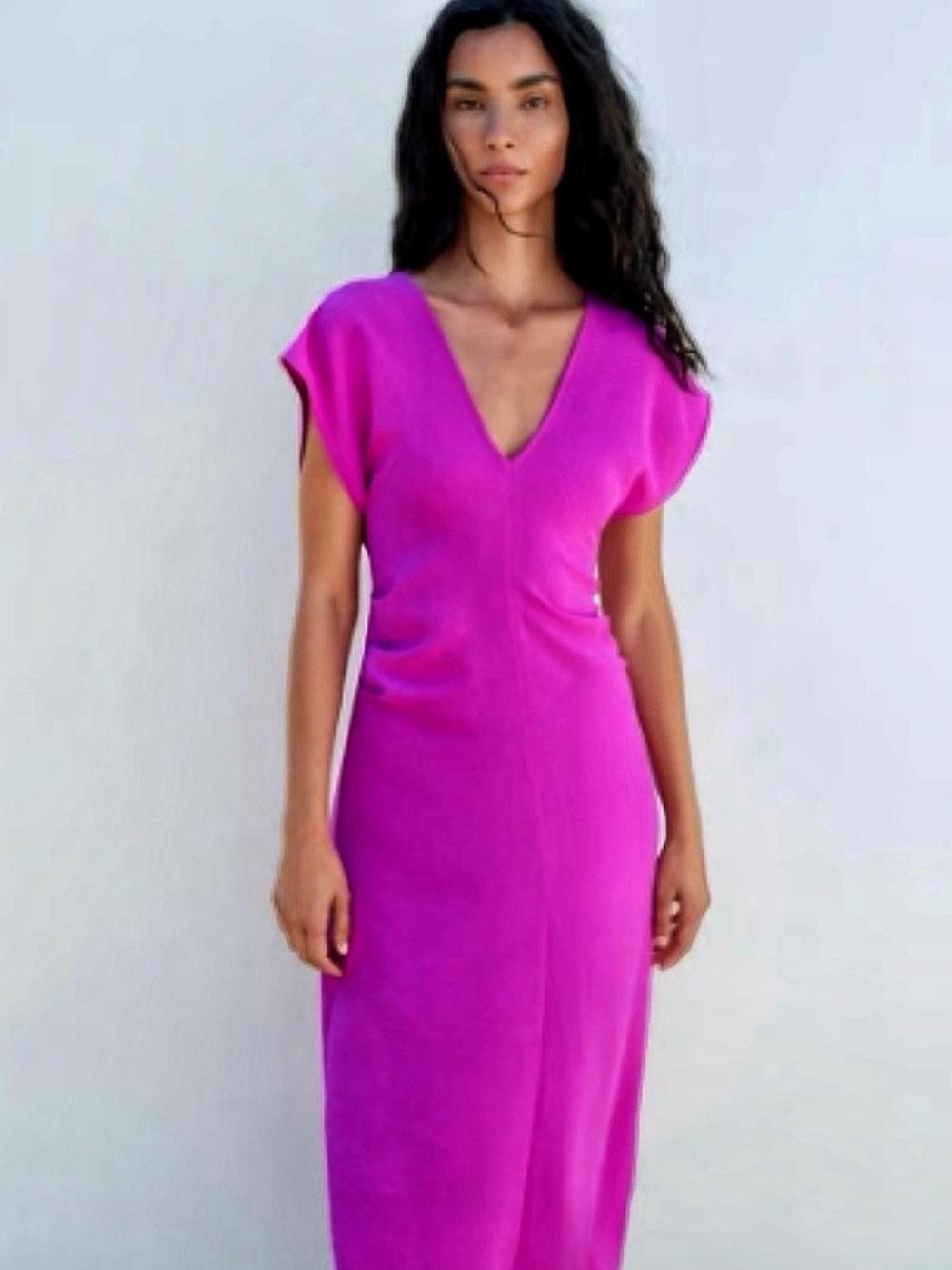 Zara V-Neck Midi Dress in Bright Fuchsia